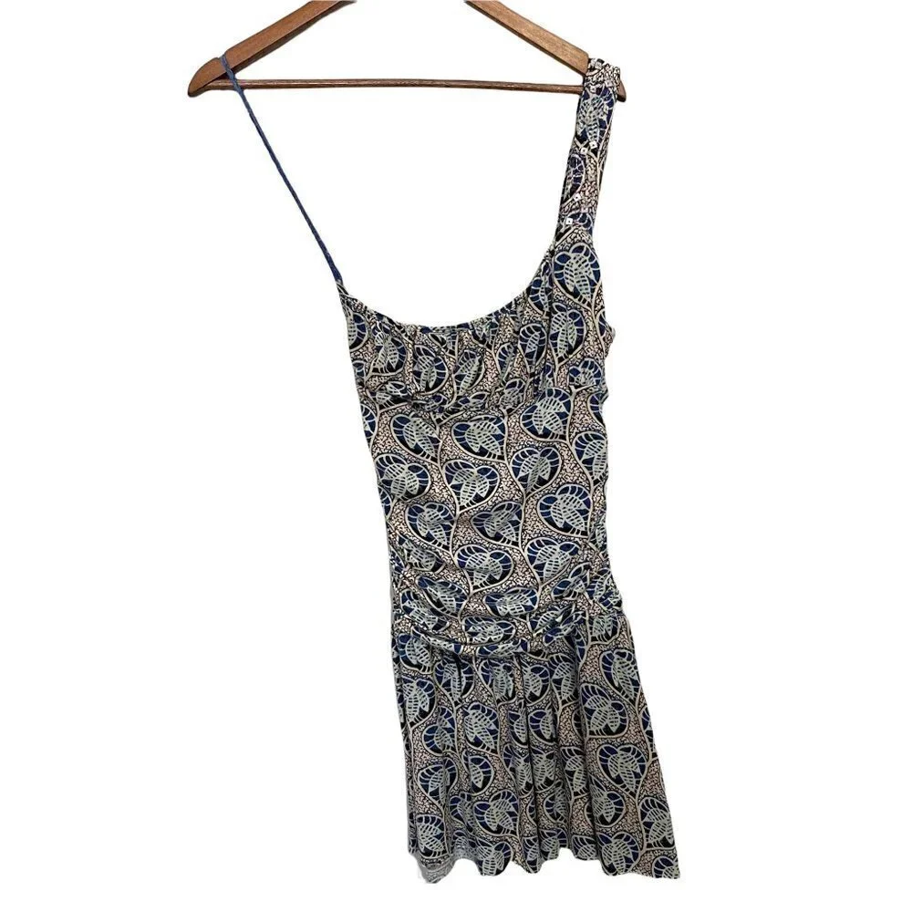 Free People Women's Blue Heart Leaf Print Ruched One Shoulder Mini Dress Large